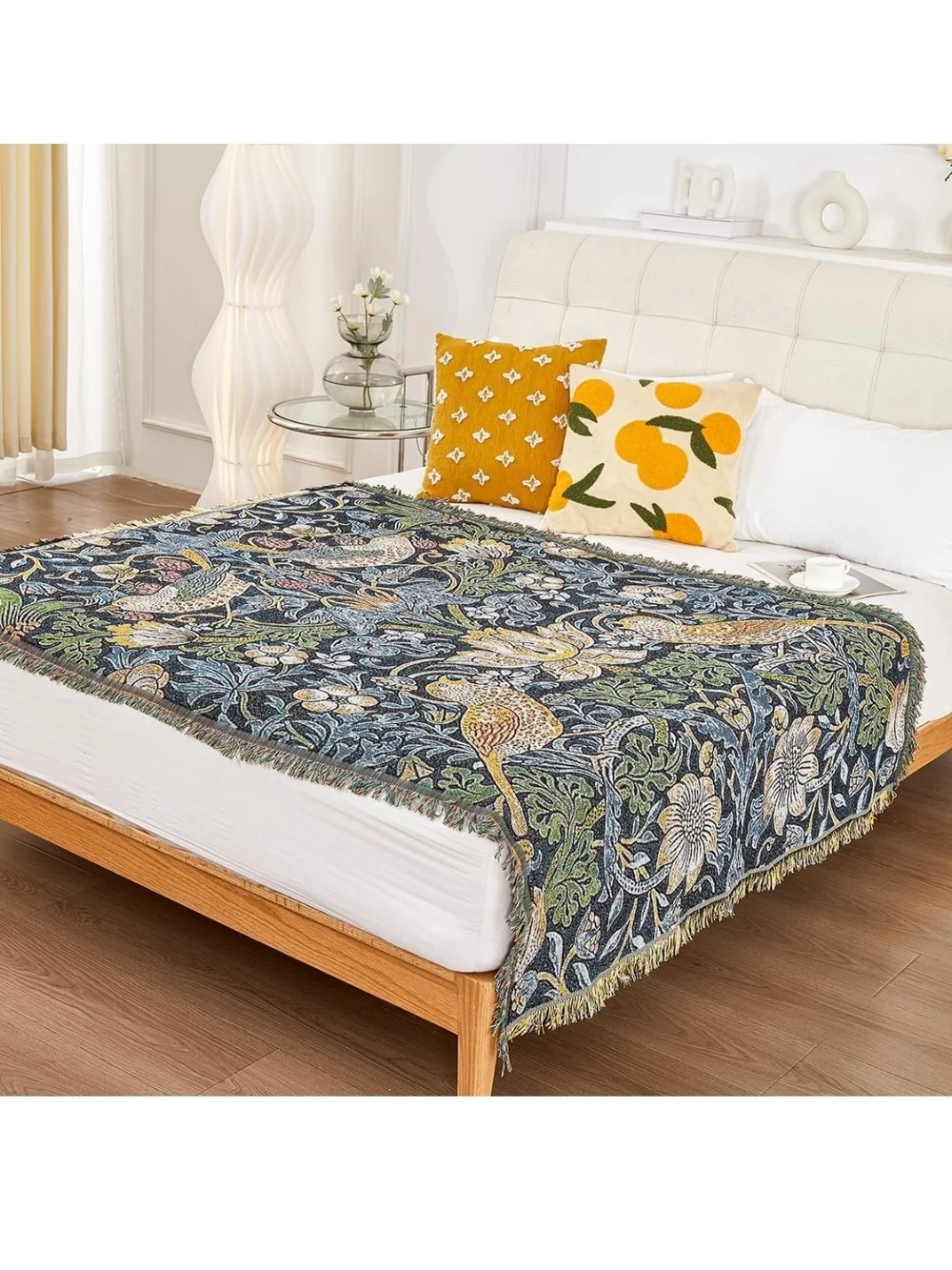 Floral Bird Woven Throw Blanket - Navy, Gold, Green 50X70